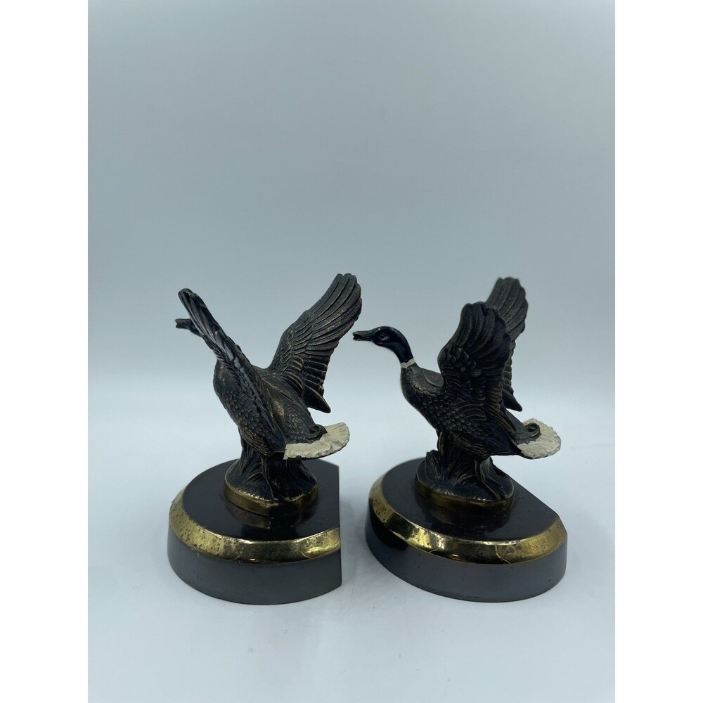 Vintage Heavy Cast Metal Flying Duck Figurine Bookends - Pair Patinated Bronze T